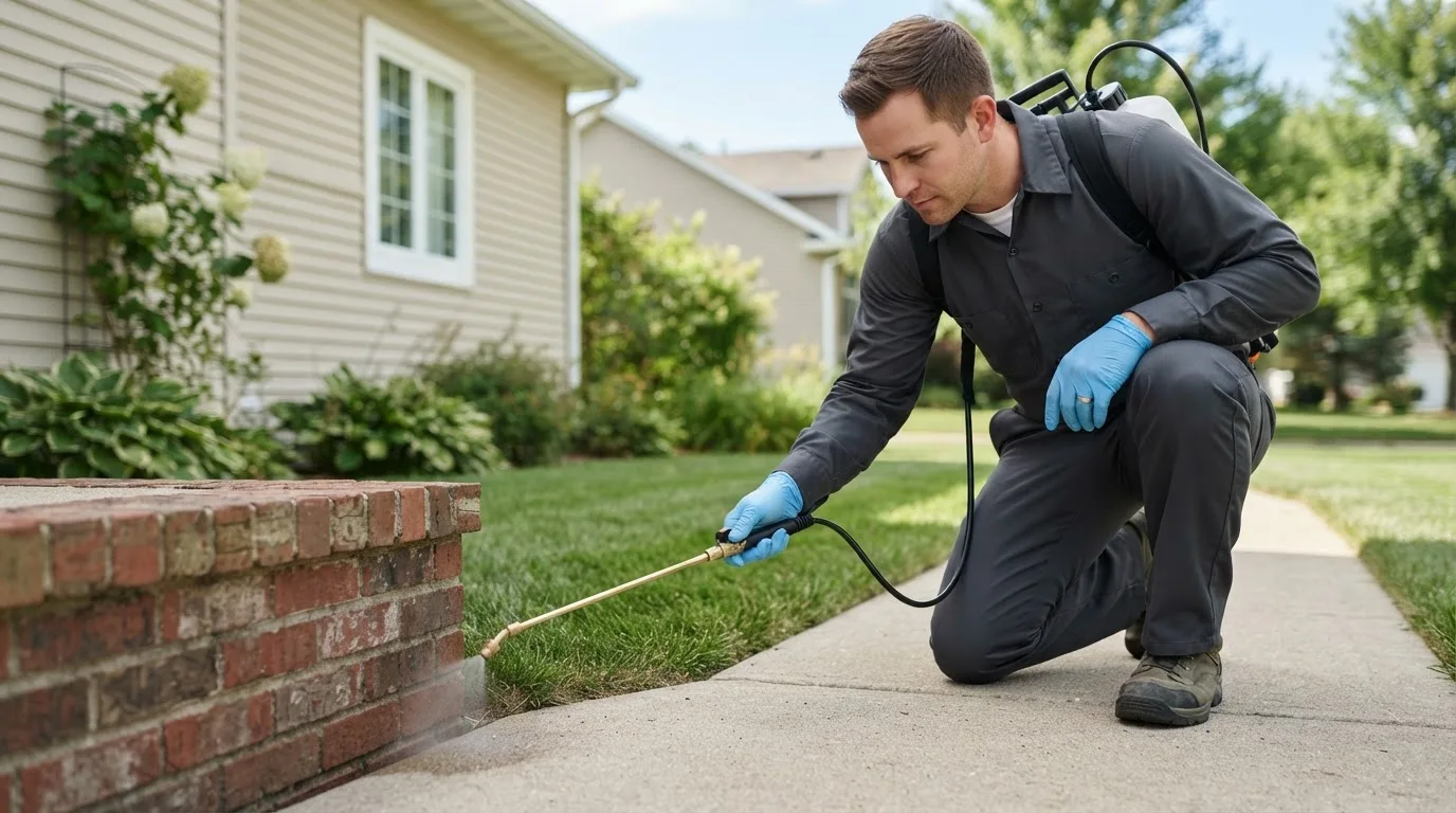 Pest control technician treating a home near Averill, VT